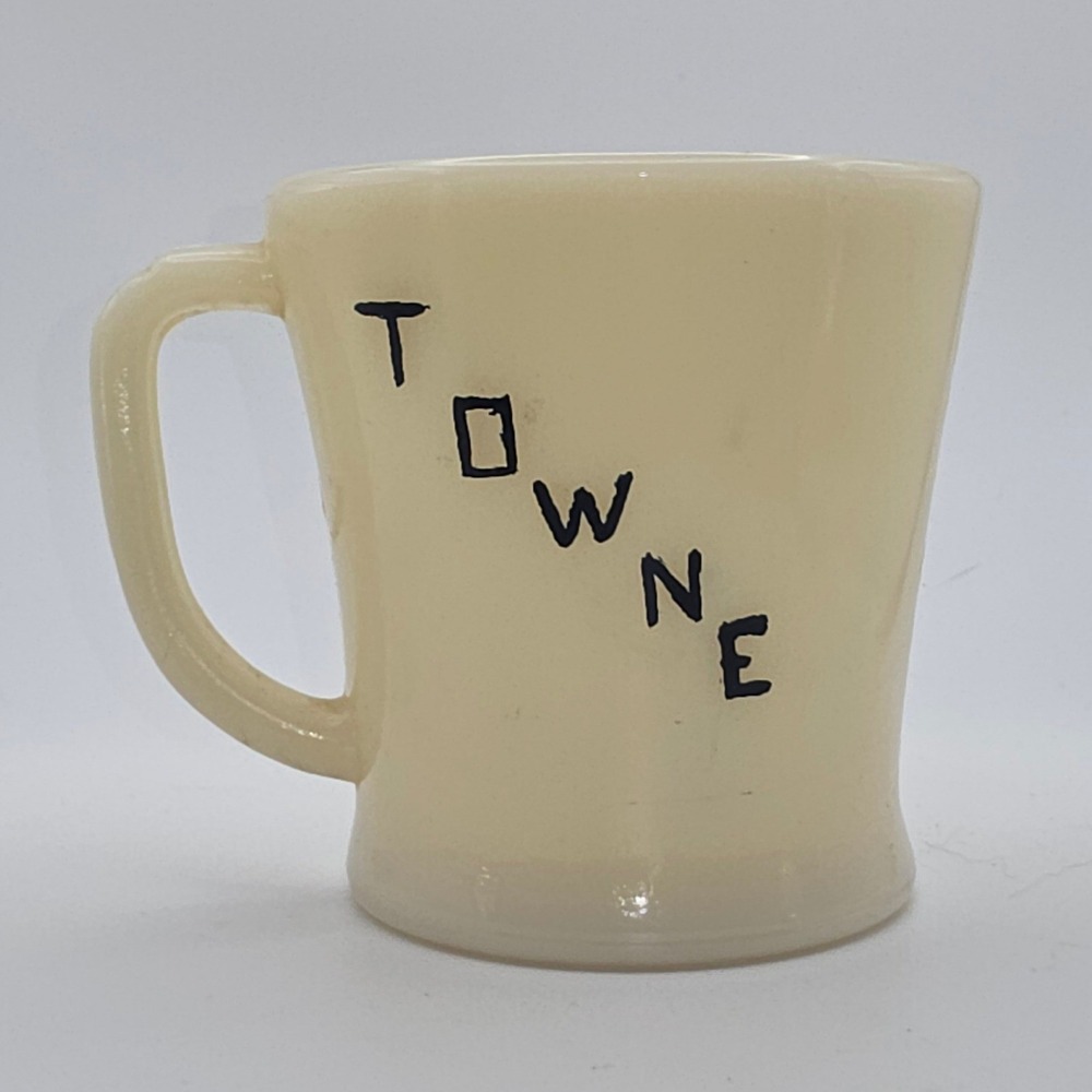 Fire-King Coffee Mug Cream Fair Cond. Oven Anchor Hocking Ware Towne Engraved